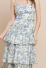 Printed Tiered Midi Dress: CREAM & BLUE Toile