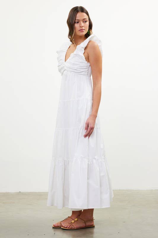 Poplin V Neck Shirred Maxi Dress | White