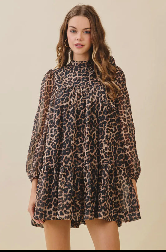Leopard Print High Neck Mini Dress with Bow Detail
