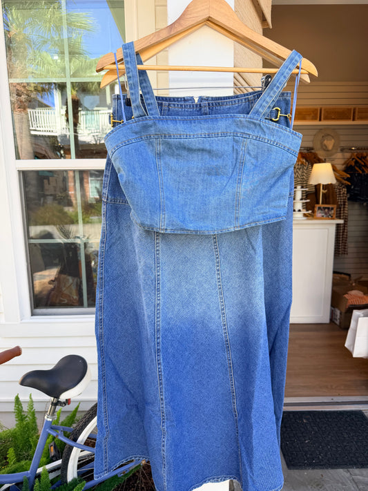 Skirt set | High Waisted Paneled A Line Denim Midi Skirt | Denim top set | Denim Blue