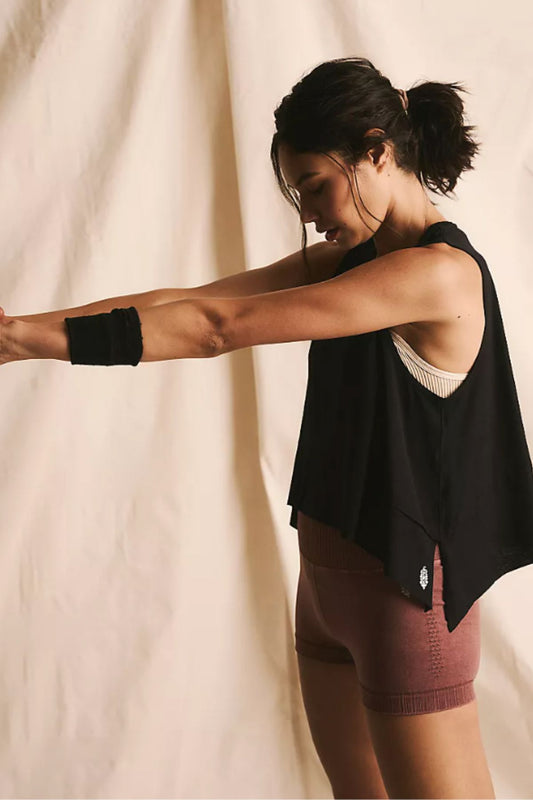 Black Workout Tank with Curved Hemline and Raw Seam Detailing