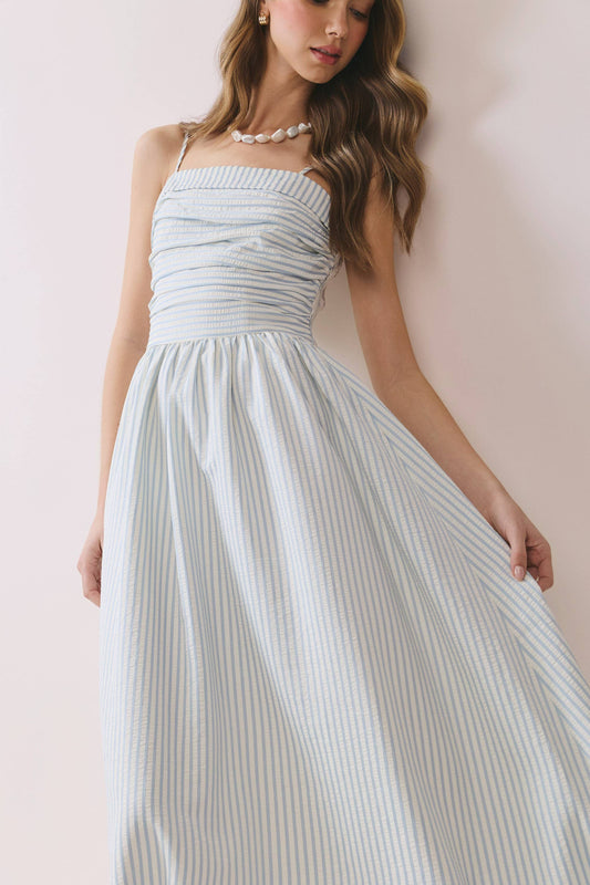 Striped Smocked Bodice Flowy Midi Dress | Light Blue