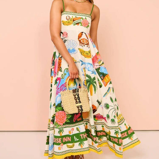 Tropical Print Maxi Swing Beach Dress