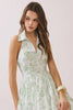 Printed Back Smocked V Neck Halter Neck Dress | Green