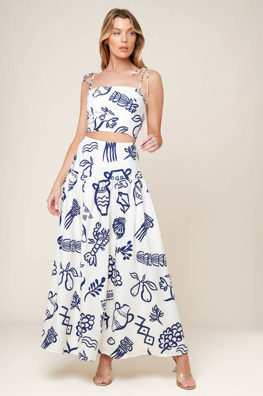 Printed Woven Top and Skirt Set | Ivory & Navy