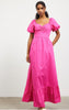 Bubble Sleeve Hem Poplin Maxi Dress: Fuchsia Pink