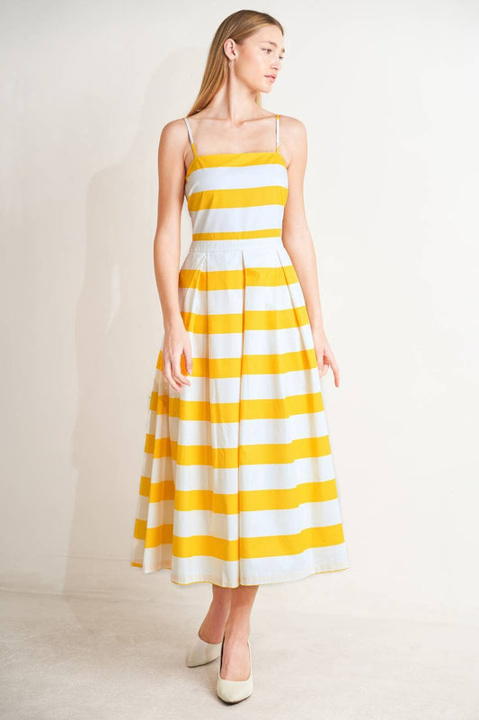 Printed Woven Midi Dress | White & Yellow