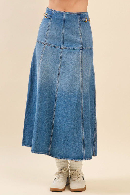 High Waisted Paneled A Line Denim Midi Skirt | Denim Blue