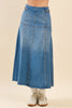 High Waisted Paneled A Line Denim Midi Skirt | Denim Blue