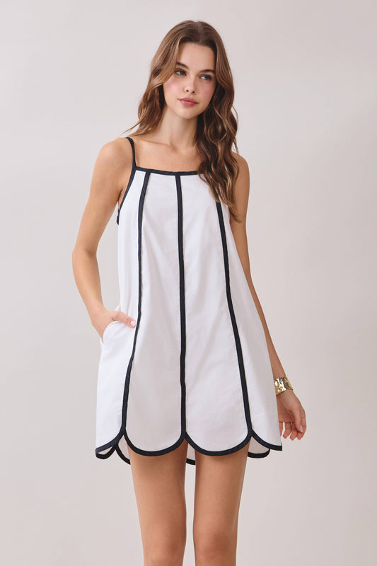 Contrast Trims Detail Scalloped Hem Mini Dress | White