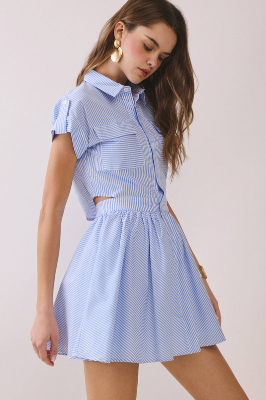 Striped Shirt Style Side to Back Cutout Mini Dress | Light Blue