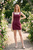 Stitch Detail Corset Mini Dress with Embroidered Scallop Hem: BURGUNDY / L