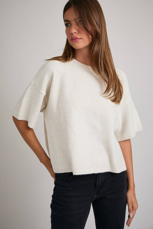 Short Sleeve Crew Neck Boxy Sweater Top | Cream