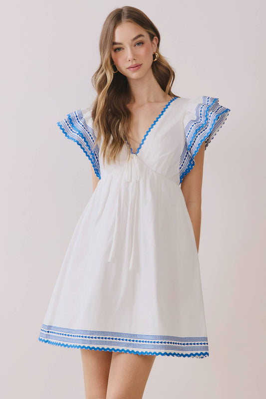 Contrast Embroidered Flutter Sleeve Babydoll Dress | White