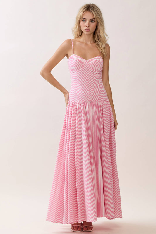 Striped Sweetheart Neck Corset Style Maxi Dress | Pink