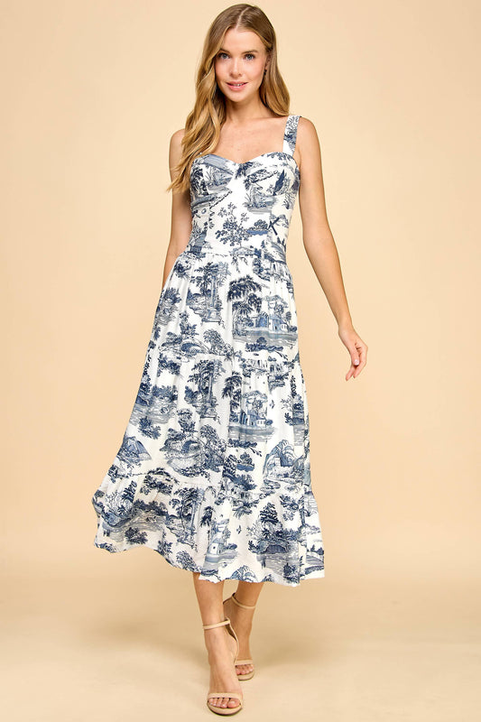 Toile Printed  Sweetheart Neckline Midi Dress | Navy