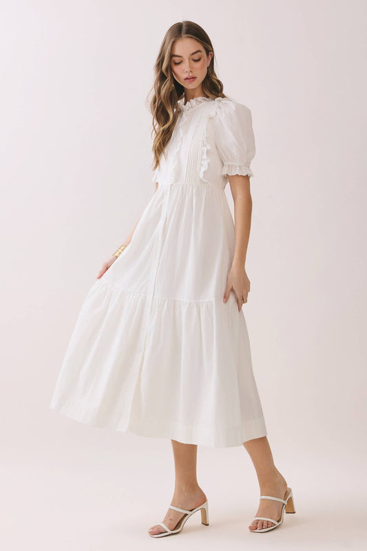 Ruffled Short Sleeve Tiered Button Down Mid Dress | White