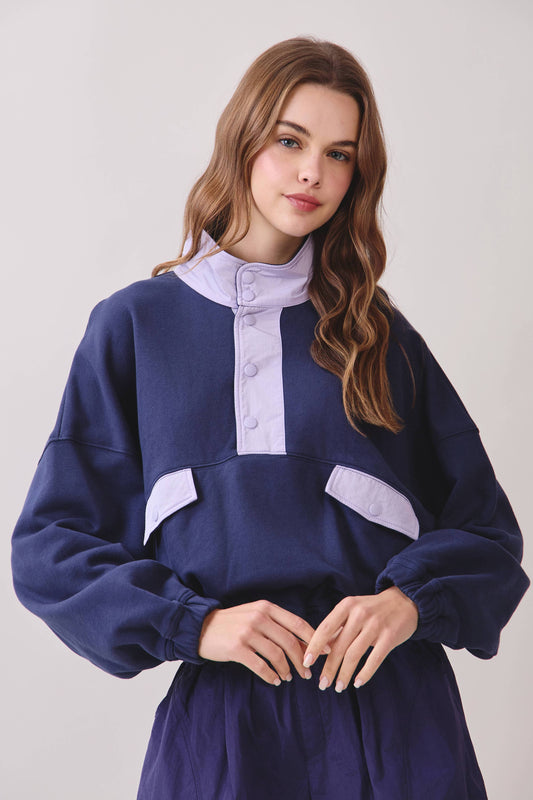 Color Block Mock Neck Contrast Poplin Pullover | Navy