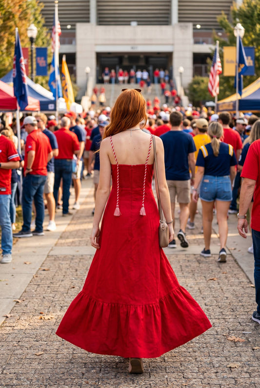 Corset Inspired Maxi Dress with Braided Shoulder Strap | Red