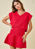 Sleeveless V Neck sweater top & flared mini skirt | red