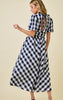 Gingham V Neck midi dress with Puff sleeves | black and white