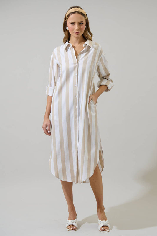Jordy Striped Shirt Midi Dress | Tan & White