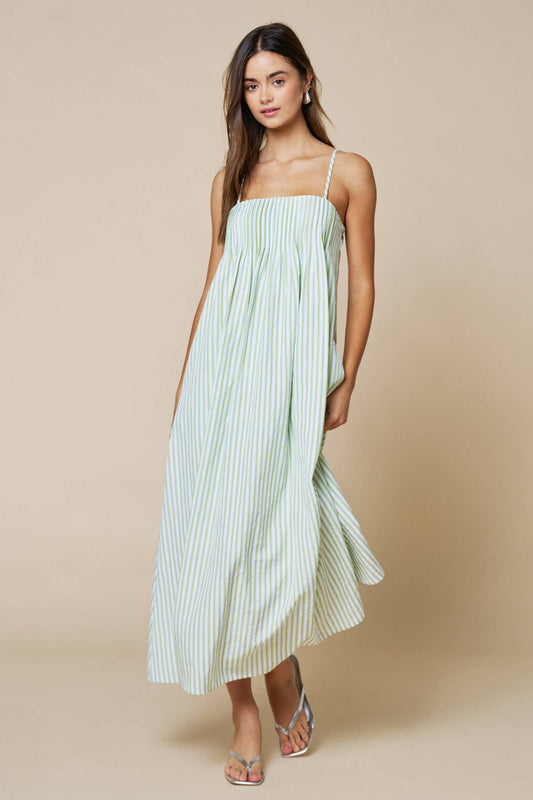 Stripe Print Pleated Spaghetti Straps Maxi Dress  Cream & Matcha