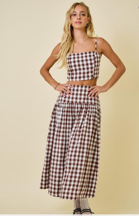 Gingham top & skirt set | brown and white