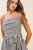 Striped Fitted Ruched Bodice Midi Dress: Black