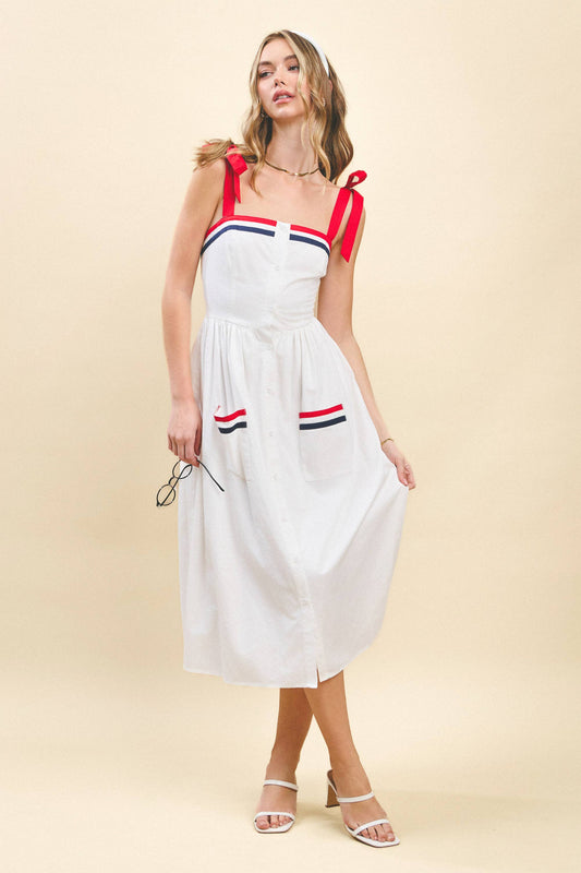 Fit and Flare Striped Contrast Detail Midi Dress | White