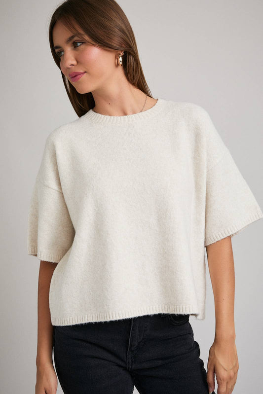 Short Sleeve Crew Neck Boxy Sweater Top | Cream
