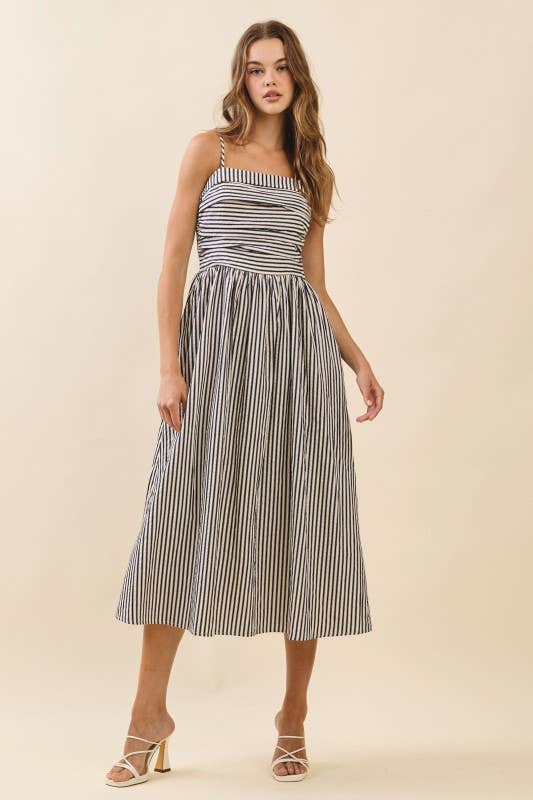 Striped Fitted Ruched Bodice Midi Dress: Black