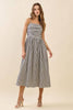 Striped Fitted Ruched Bodice Midi Dress: Black