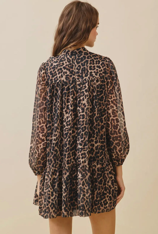 Leopard Print High Neck Mini Dress with Bow Detail