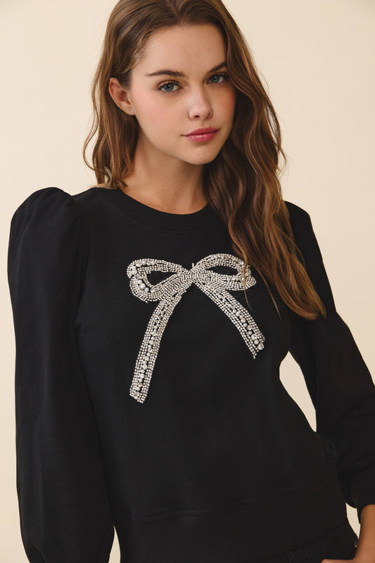 Crystal Embellished Bow Detail Sweatshirt | Black