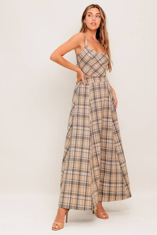 Woven Plaid Top and Skirt Set | Beige