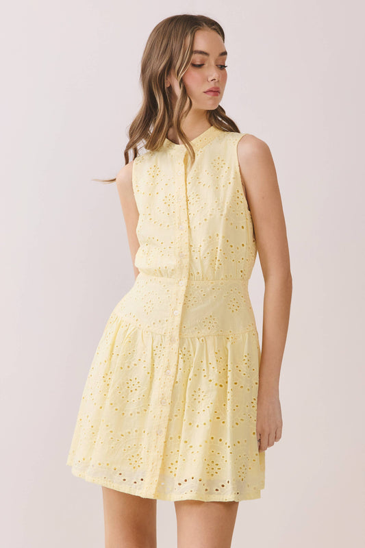 Sleeveless Eyelet Lace Button Front Dress | Yellow