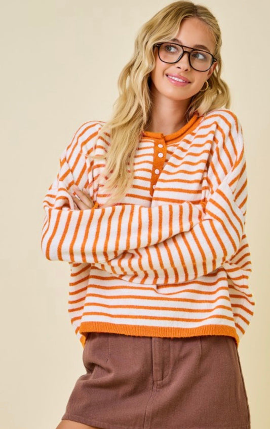 Striped Henley Knit Top with drop shoulder | Sunkist | orange stripe