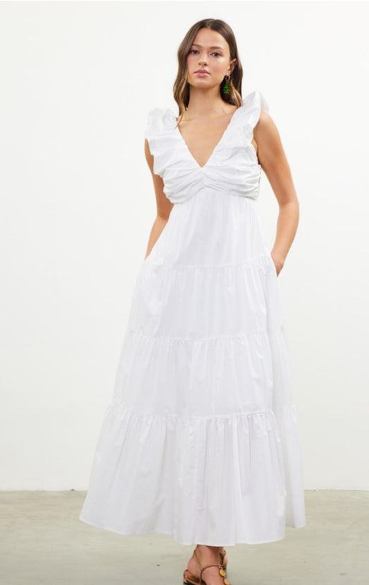 Poplin V-Neck Shirred Maxi Dress | White