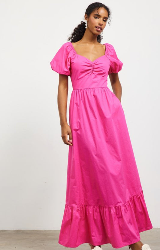 Bubble Sleeve Hem Poplin Maxi Dress: Fuchsia Pink