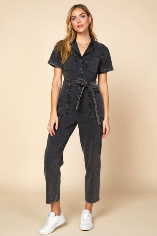 washed black utility jumpsuit front view