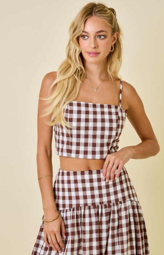 Gingham top & skirt set | brown and white