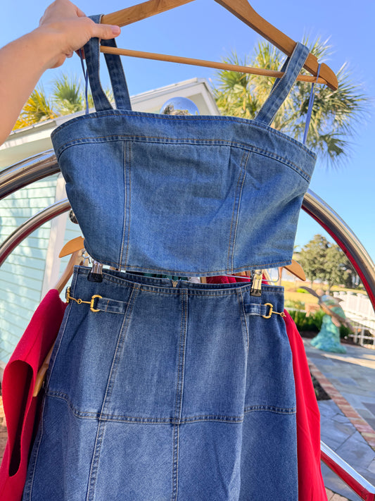 Skirt set | High Waisted Paneled A Line Denim Midi Skirt | Denim top set | Denim Blue