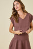 Sleeveless V Neck sweater top & flared mini skirt | brown