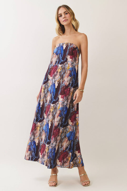 Abstract Print Strapless Maxi Dress | Multi
