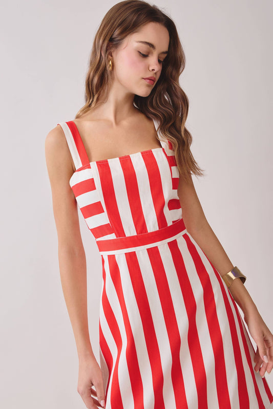 Square Neck Wide Straps Striped Midi Dress | Red