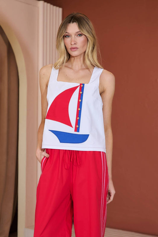 Sailboat Square Neck Tank Top | White Multi
