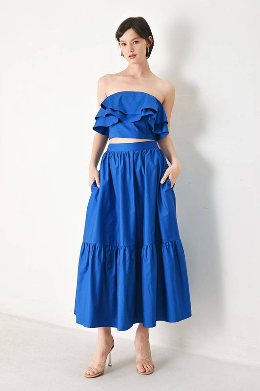 Solid Woven Midi Skirt | Blue