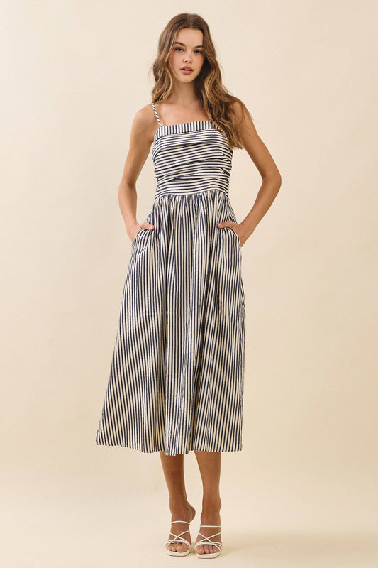 Striped Fitted Ruched Bodice Midi Dress: Black