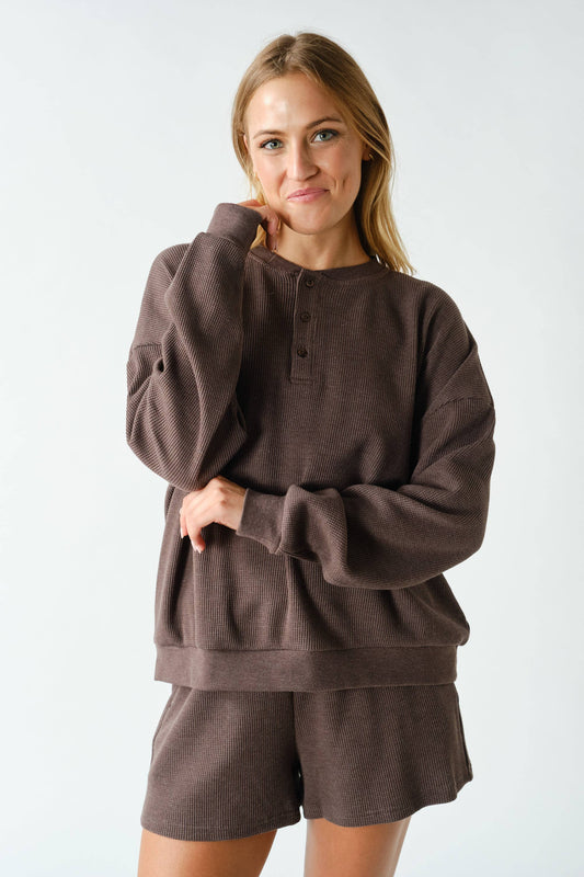 Waffle-Knit Henley Pullover | Truffle